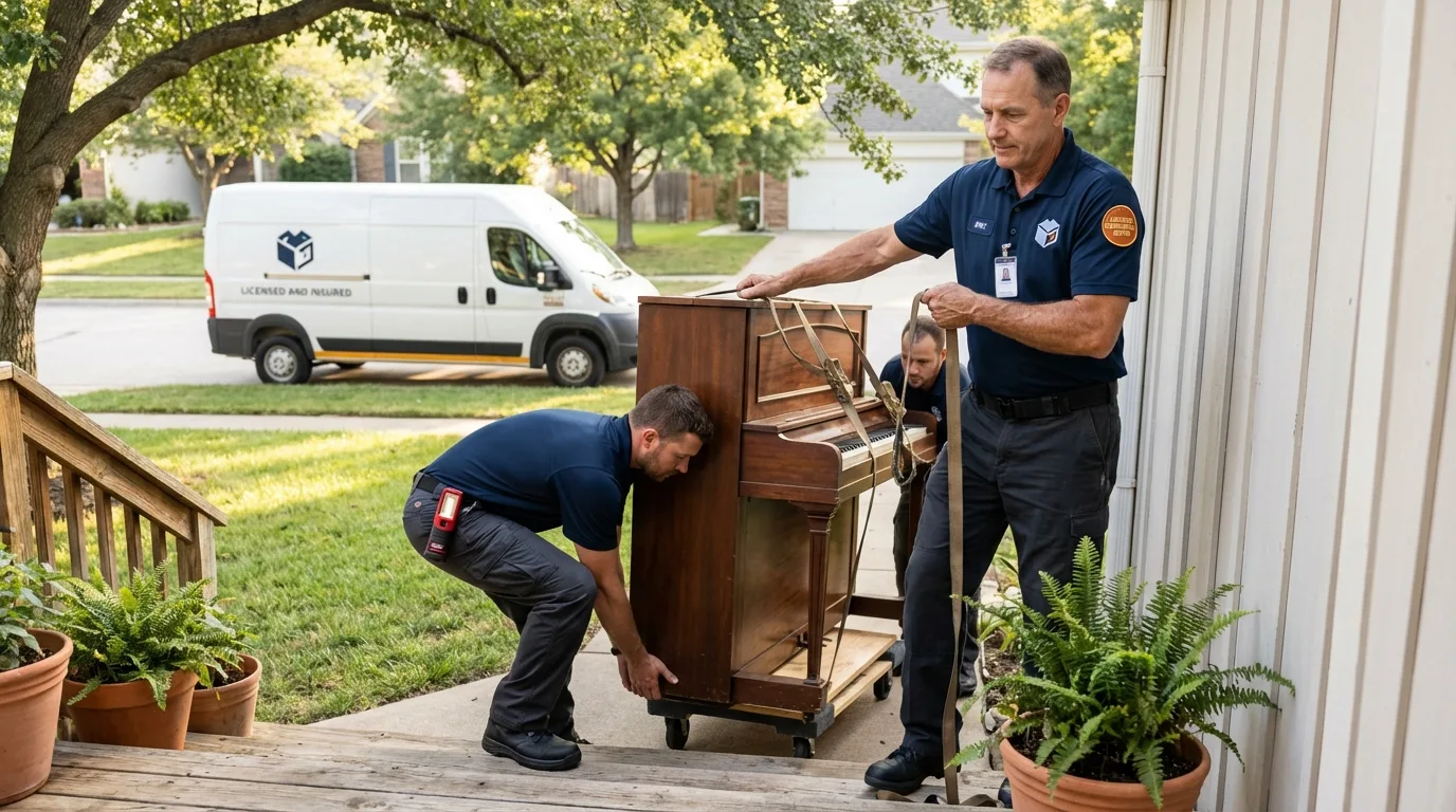 Licensed piano movers securing grand piano in Hartington, NE