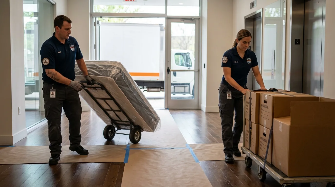 Professional apartment movers loading elevator in Hartington, NE