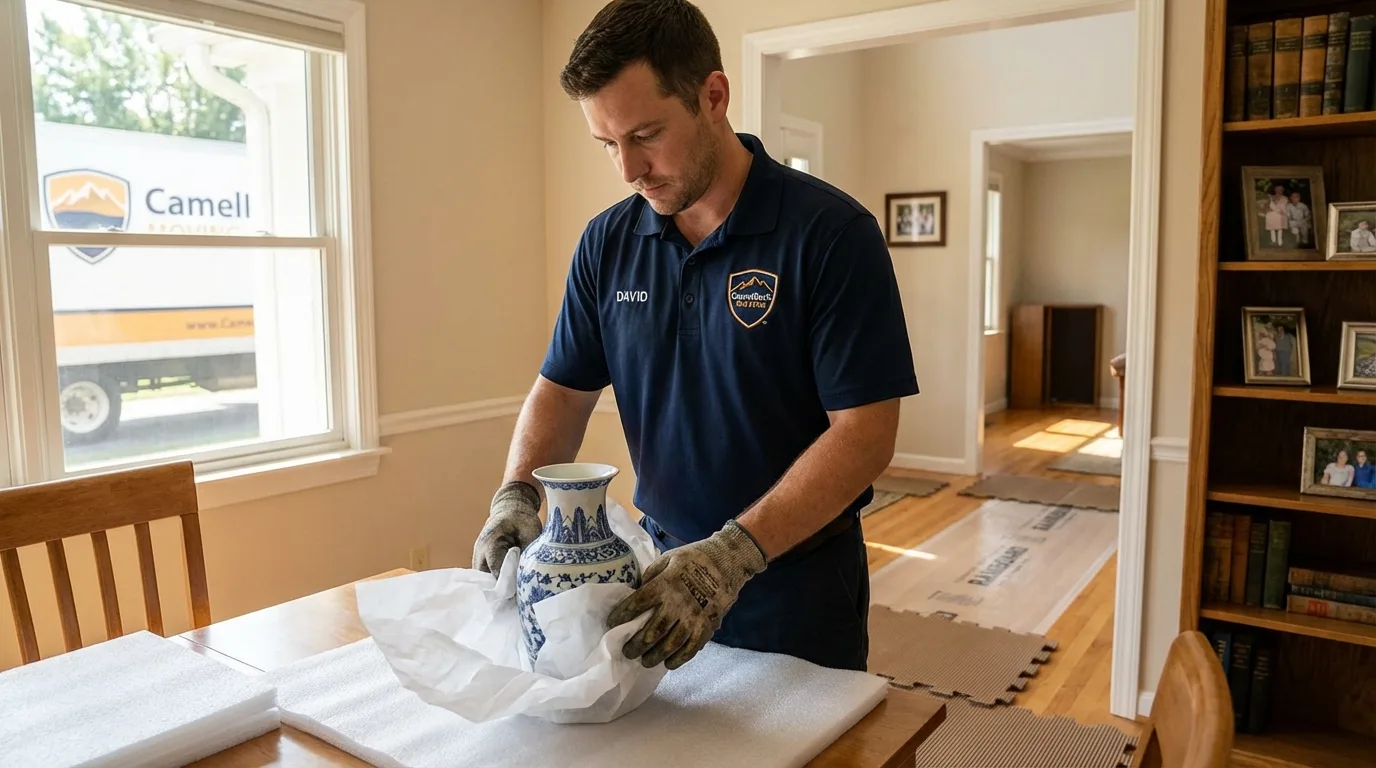 Professional crew carefully wrapping antique vase for senior downsizing move in Hartington, NE